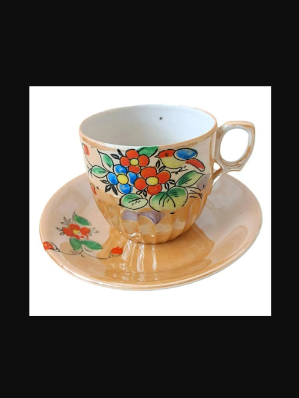 Vintage Lusterware Tea Cup and Saucer Japan Hand Painted Bird Flowers Peach